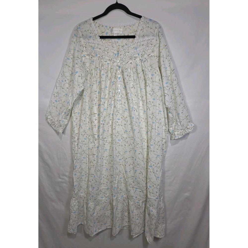 Eileen West Nightgown Large Blue Floral Cotton Lace Trim Long Sleeve Lawn Ballet